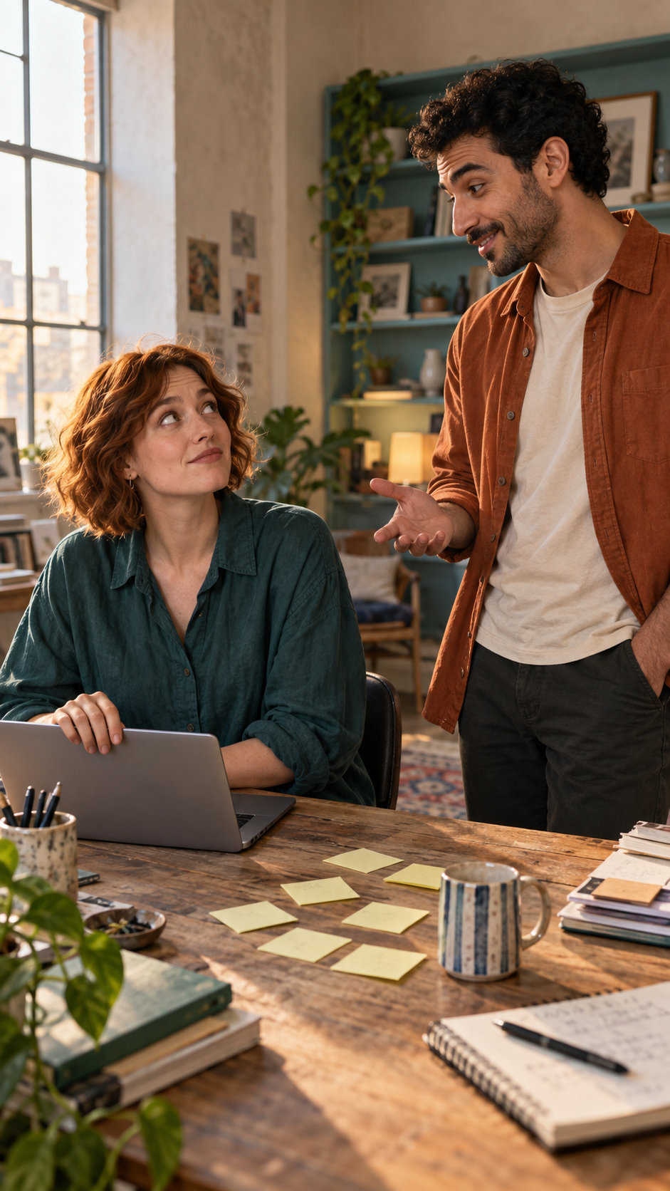 A fictional conversation between Jules and Amir at a sunny desk